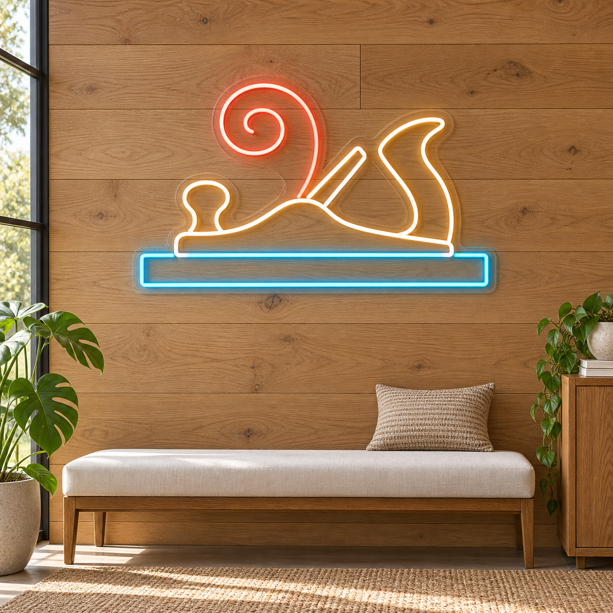 Hand Plane & Shaving LED Neon Sign for Woodworking Schools - interior setting