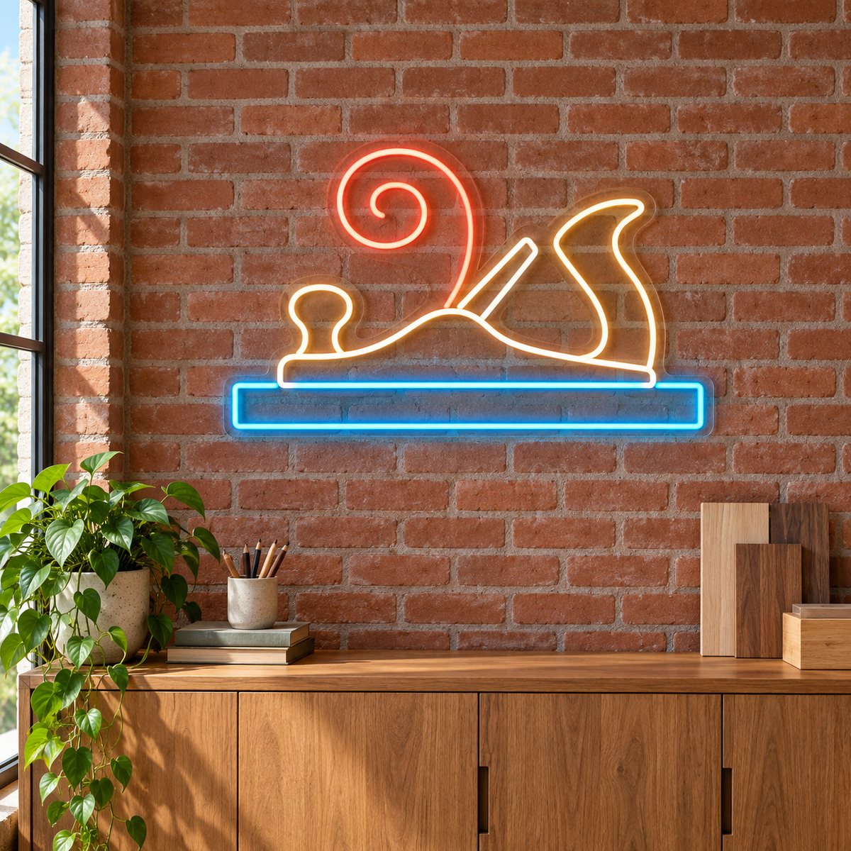 Hand Plane & Shaving LED Neon Sign for Woodworking Schools - interior setting