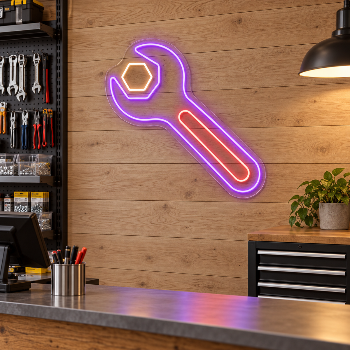 Wrench and Hex Nut LED Neon Sign for Hardware Shops - interior setting