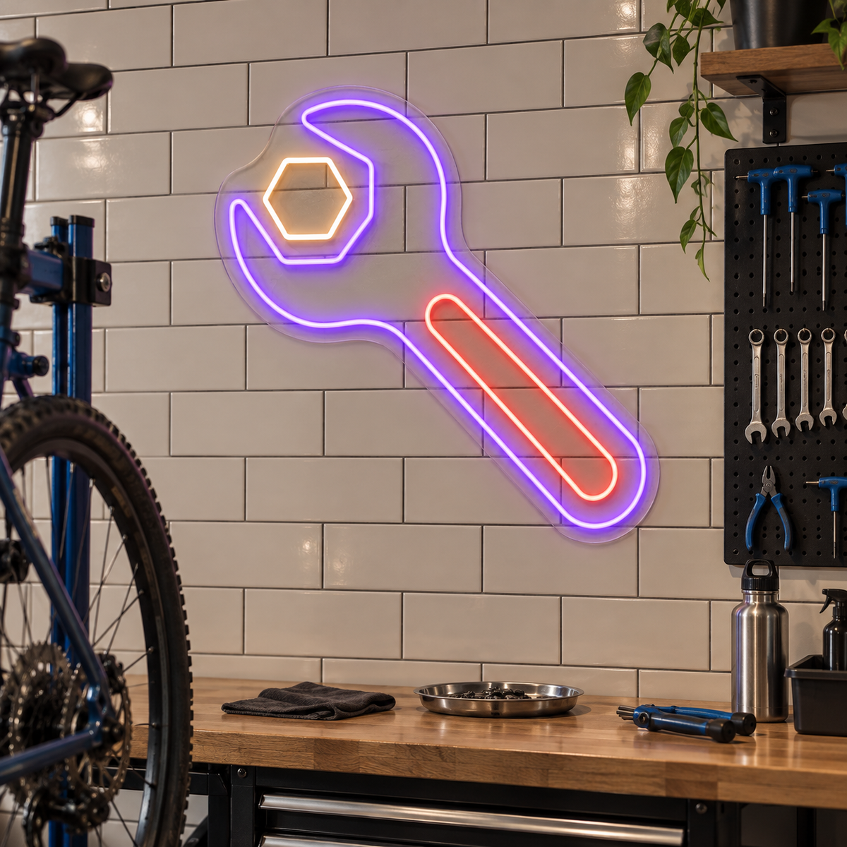 Wrench and Hex Nut LED Neon Sign for Hardware Shops - interior setting