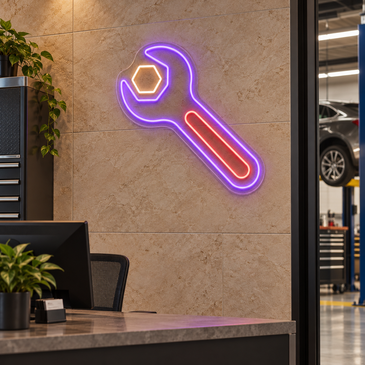 Wrench and Hex Nut LED Neon Sign for Hardware Shops - interior setting