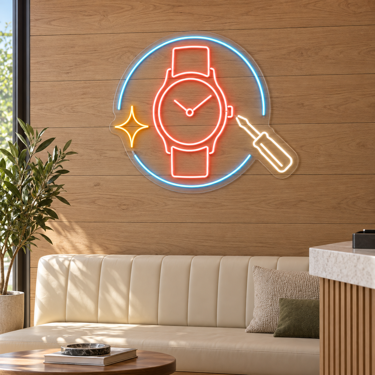 Wristwatch & Screwdriver LED Neon Sign for Watch Repair Shops - interior setting