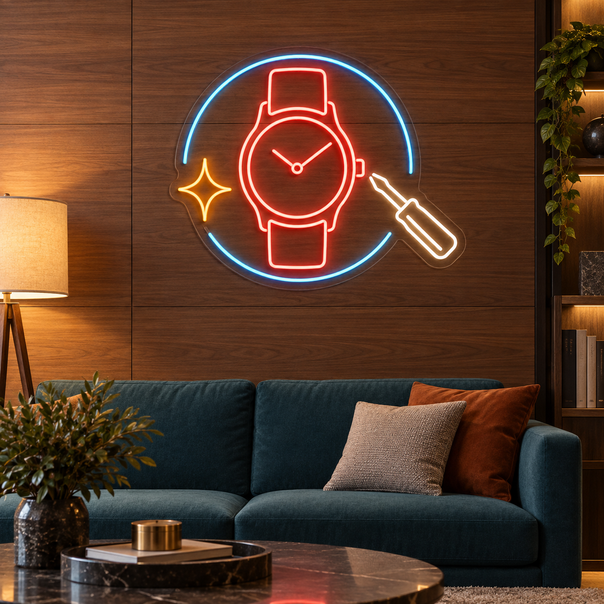 Wristwatch & Screwdriver LED Neon Sign for Watch Repair Shops - interior setting