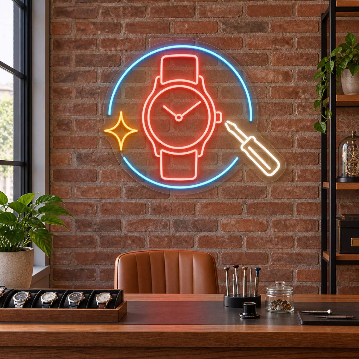 Wristwatch & Screwdriver LED Neon Sign for Watch Repair Shops - interior setting
