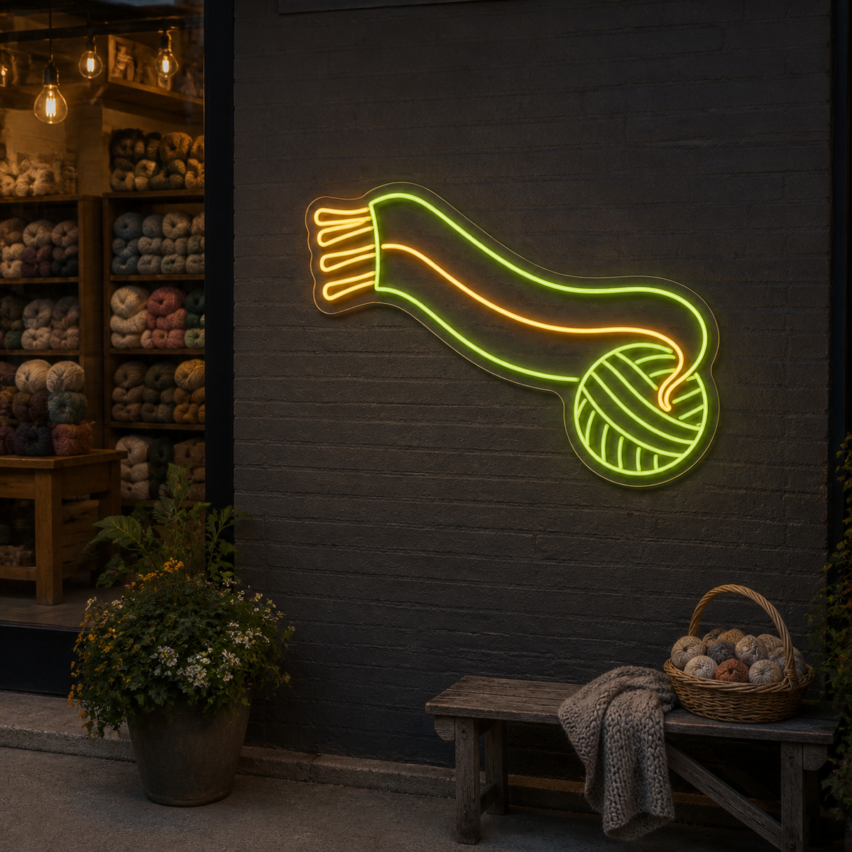 Yarn Ball and Scarf LED Neon Sign for Yarn Shops - interior setting