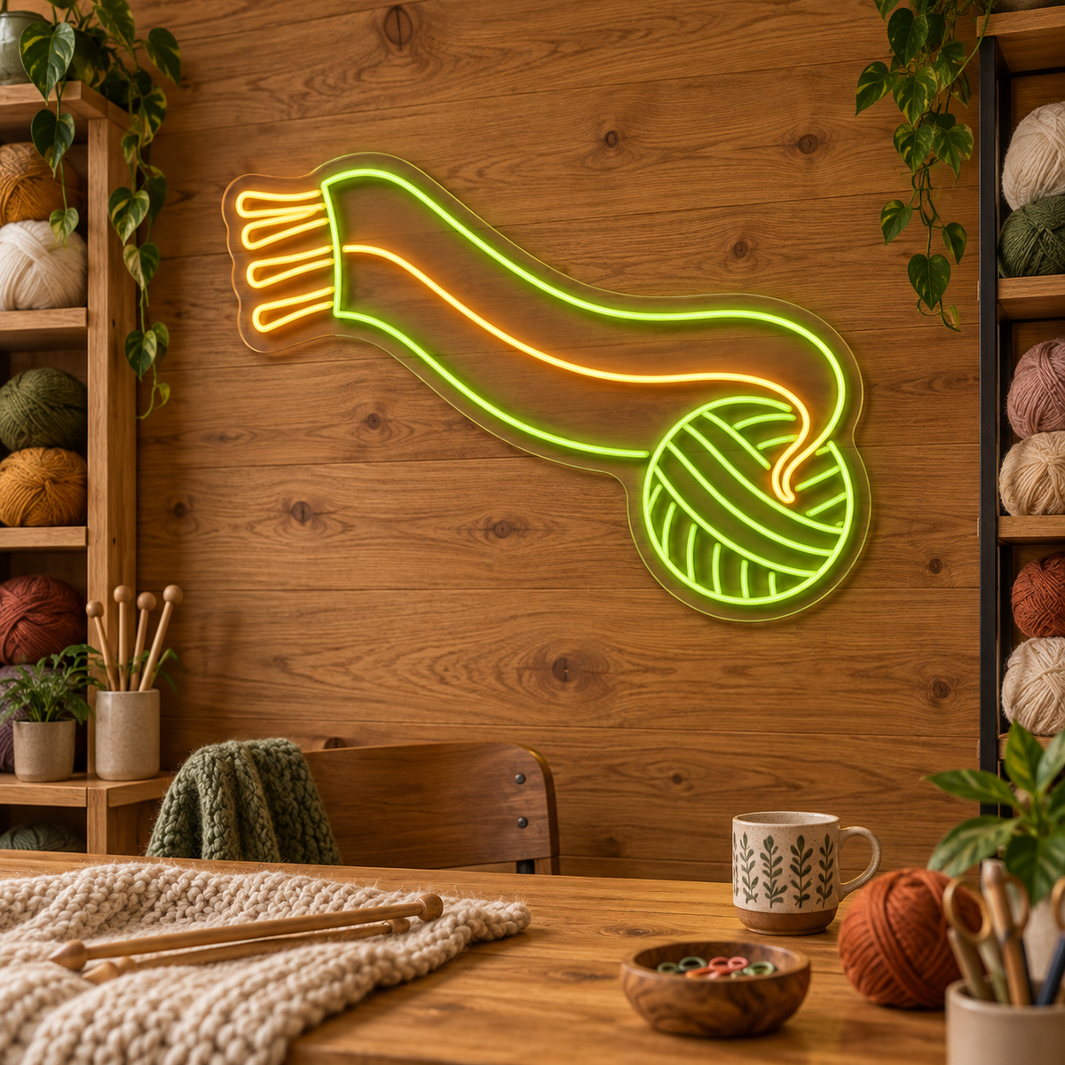 Yarn Ball and Scarf LED Neon Sign for Yarn Shops - interior setting