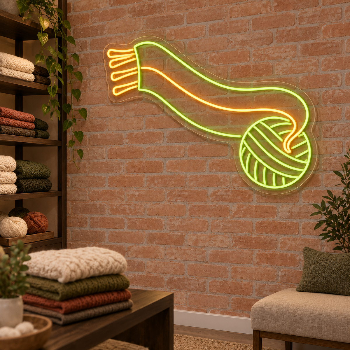 Yarn Ball and Scarf LED Neon Sign for Yarn Shops - interior setting